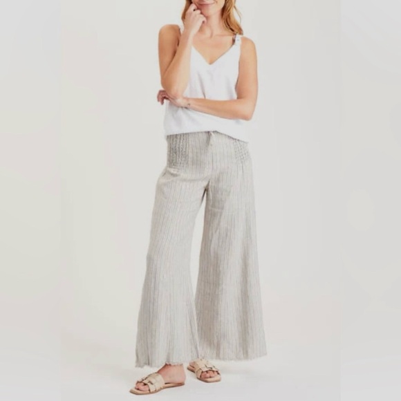 XCVI 100% Linen Blue & Cream Striped Pants, Smocked Hips, Beachy Coastal, Size S - Picture 1 of 16
